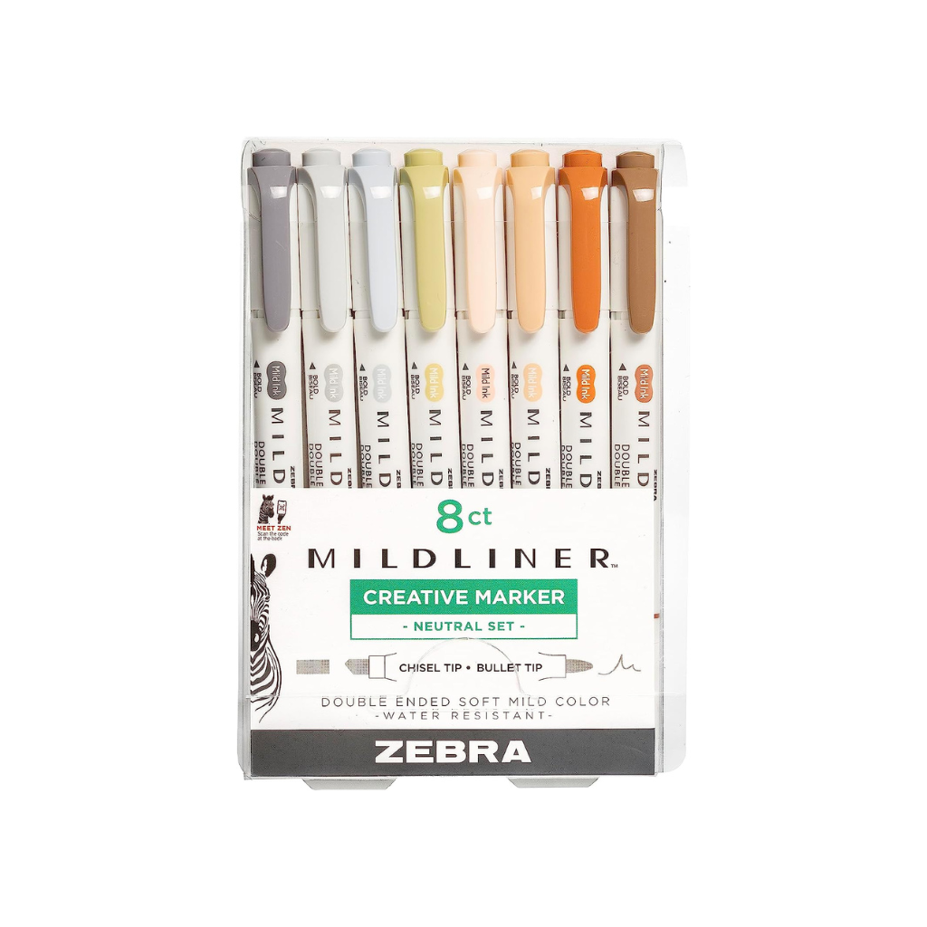 Zebra Pen Mildliner Double Ended Highlighter, Broad and Fine Point Tips, Assorted Neutral Vintage Ink Colors, 8-Pack