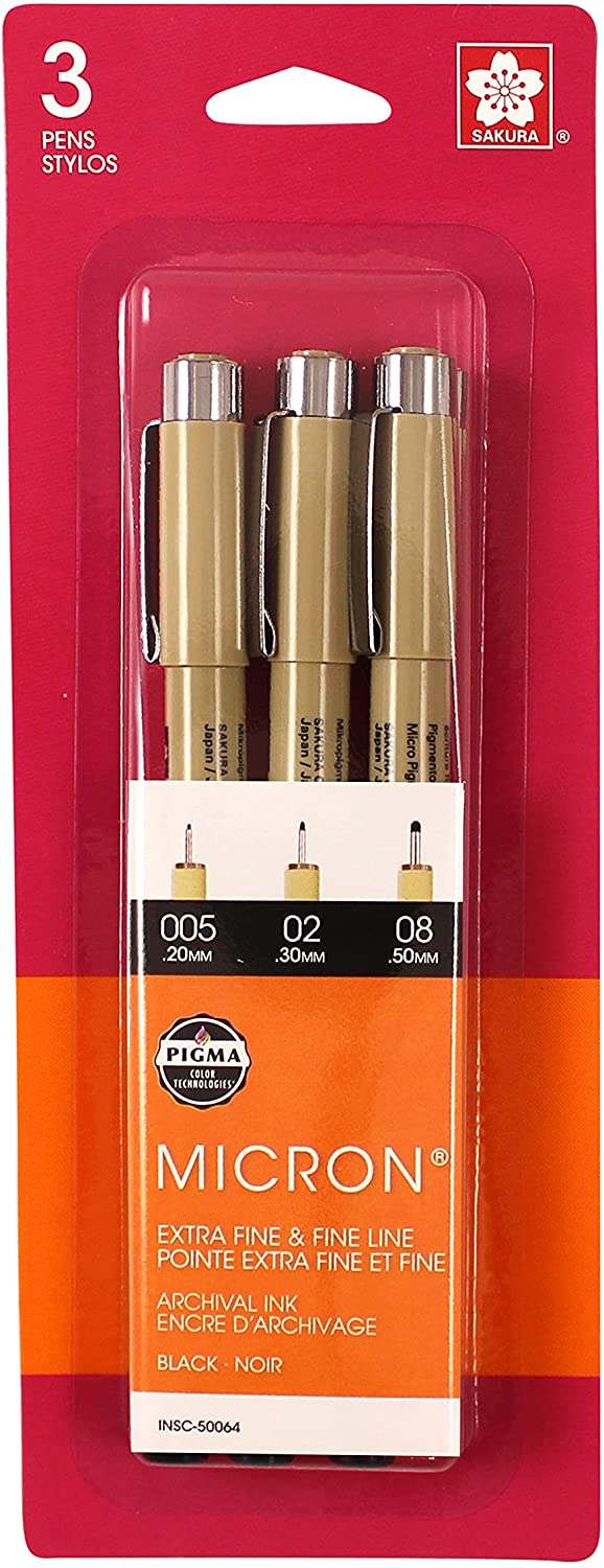 Sakura - Pigma Micron Pen Sets, Black Ink, 3-Pen Set (005, 02, 08)