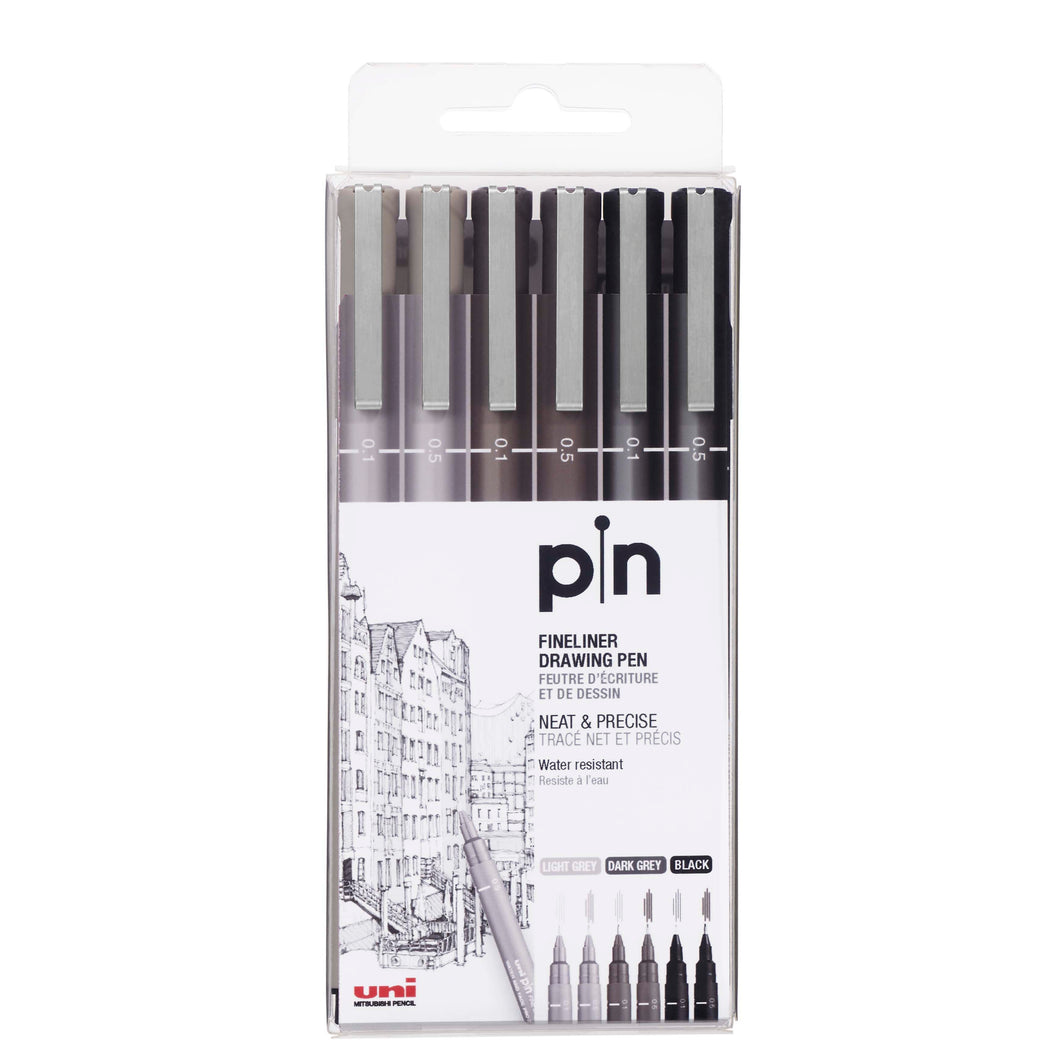 uni Pin Fineliner Sets, 6-Pen Set - Gray & Black