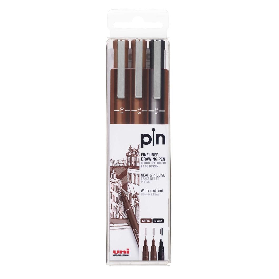 uni Pin Fineliner Sets, 3-Pen Set - Sepia & Black