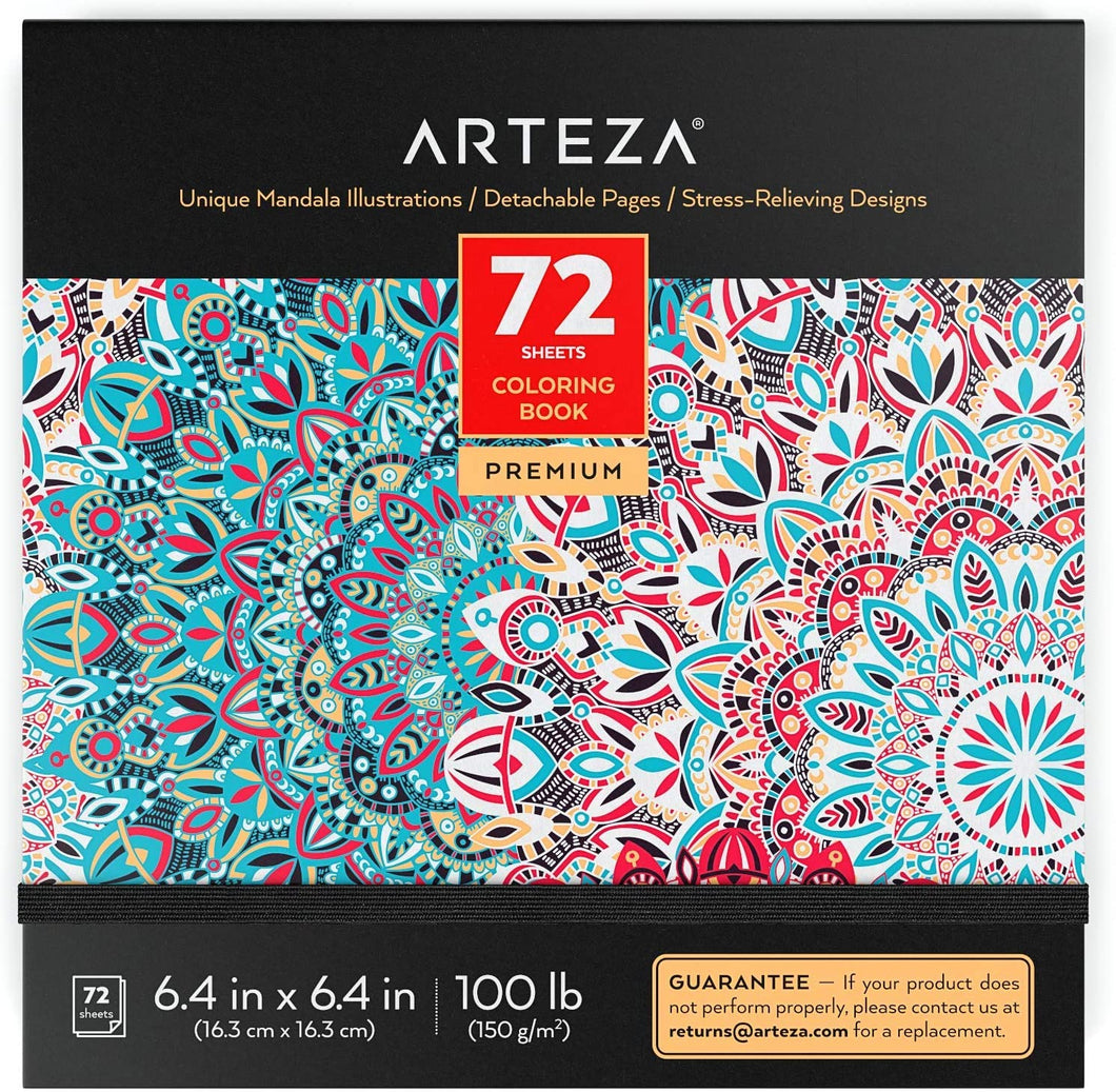 Arteza Coloring Book, Mandala Illustrations, Gray Outlines, 72 Sheets 