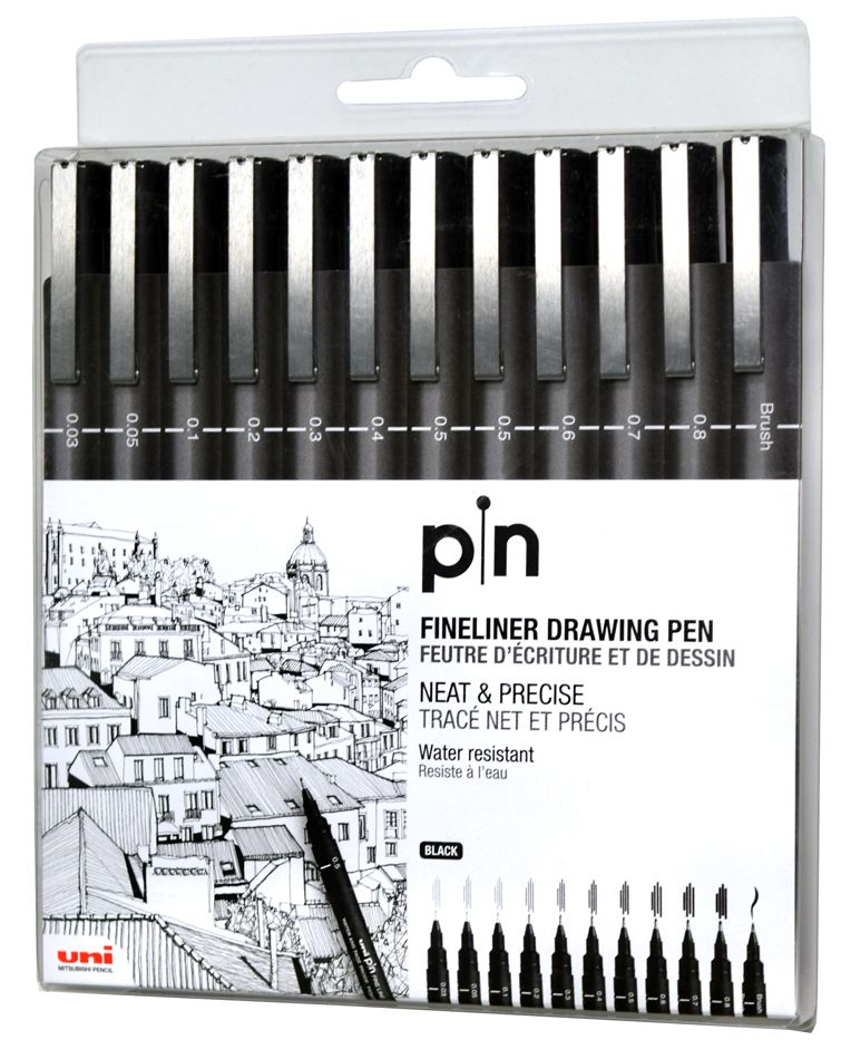 uni Pin Fineliner Sets - 12-Pen Set - Black